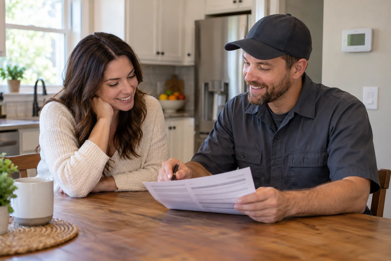 A homeowner reviewing a written HVAC quote with a local provider