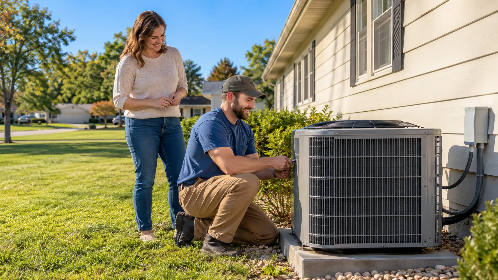 A friendly HVAC provider checking an outdoor AC unit beside a Kansas City home